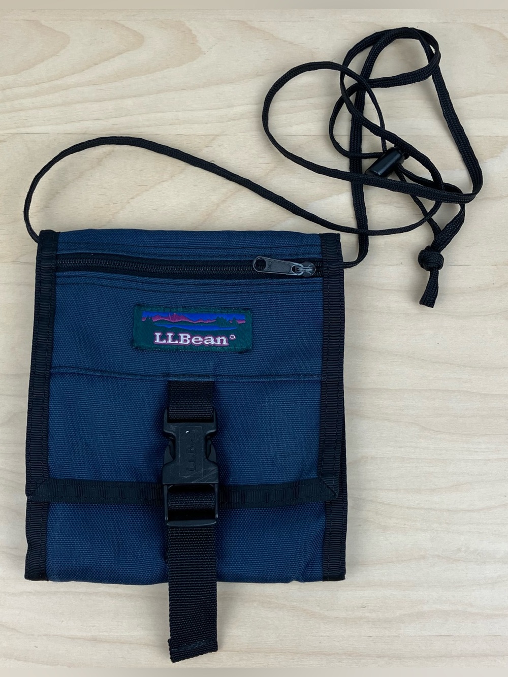 Vintage L.L. Bean Crossbody Passport Folding Wallet Travel Zip & Buckle Blue